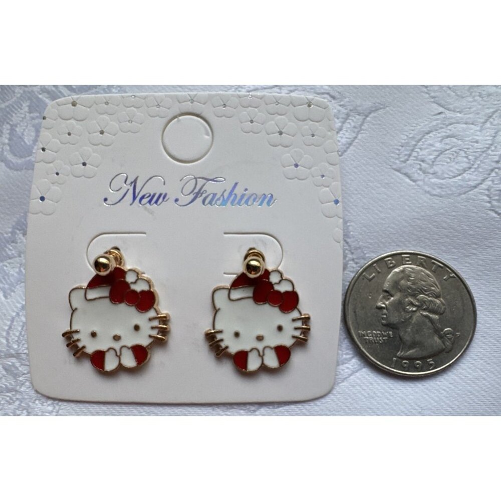 HELLO KITTY Gold-Tone Red Bow Stud Dangle Earrings Colorful NEW